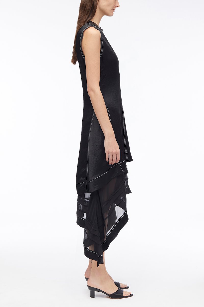 Asymmetric Hem Sleeveless Satin Combo Dress-white #1 Asymmetric Hem Sleeveless Satin Combo Dress, asymmetric satin mid-dress from 3.1 PHILLIP LIM featuring black/white, satin weave, layered design, contrast stitching, crew neck, sleeveless, asymmetric hem, sheer panels and below-knee length.- 1