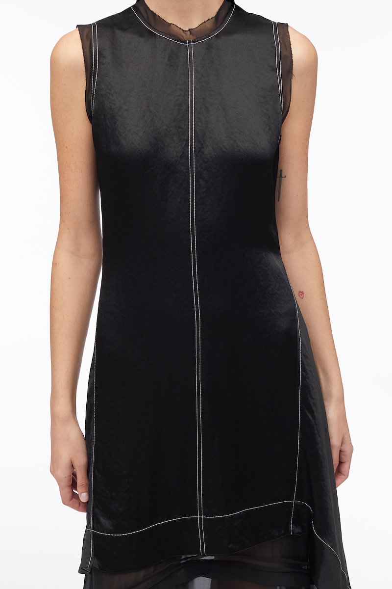 Asymmetric Hem Sleeveless Satin Combo Dress-white #1 Asymmetric Hem Sleeveless Satin Combo Dress, asymmetric satin mid-dress from 3.1 PHILLIP LIM featuring black/white, satin weave, layered design, contrast stitching, crew neck, sleeveless, asymmetric hem, sheer panels and below-knee length.- 3