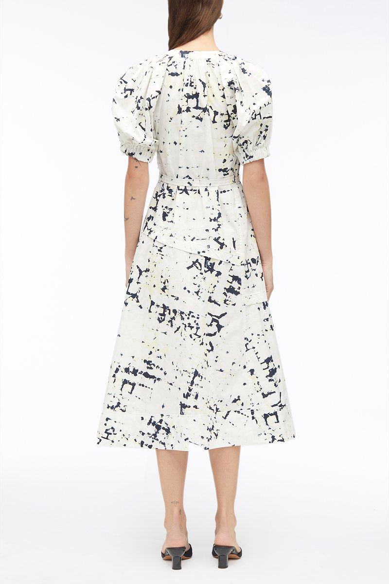 Kaleidoscope Print Poplin V-Neck Dress-white #0 Kaleidoscope Print Poplin V-Neck Dress, Kaleidoscope-print waisted dress from 3.1 PHILLIP LIM featuring white, multicolour, cotton, poplin texture, abstract pattern print, V-neck, short puff sleeves, front tie fastening and flared skirt.- 2