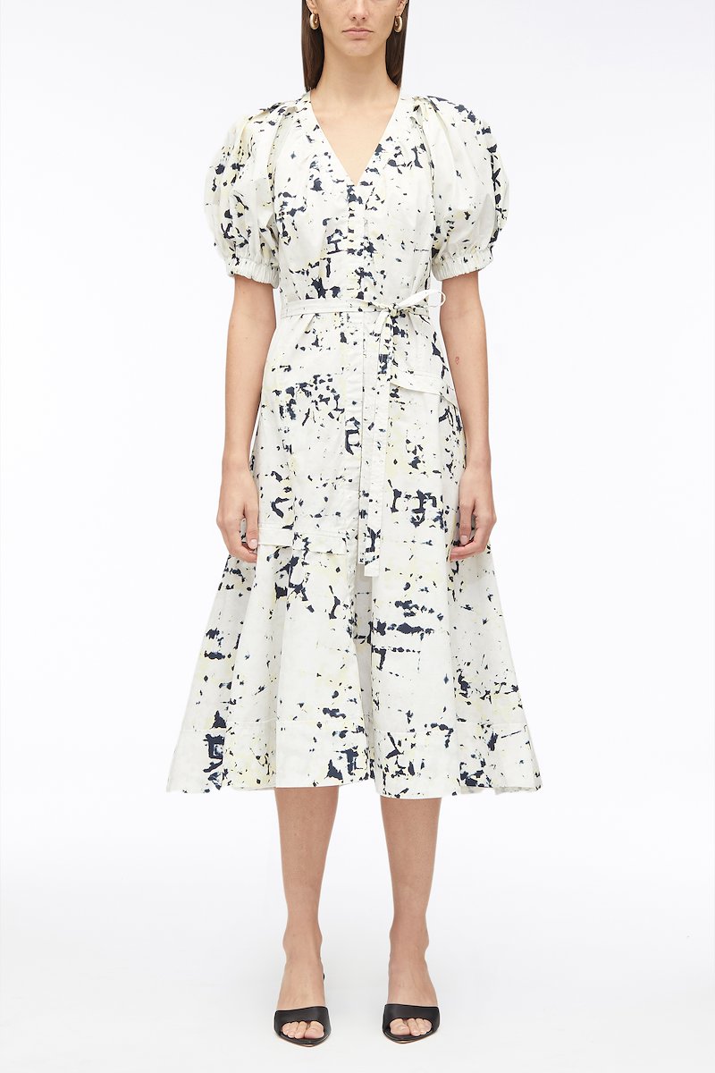 Kaleidoscope Print Poplin V-Neck Dress-white #0 Kaleidoscope Print Poplin V-Neck Dress, Kaleidoscope-print waisted dress from 3.1 PHILLIP LIM featuring white, multicolour, cotton, poplin texture, abstract pattern print, V-neck, short puff sleeves, front tie fastening and flared skirt.- 0