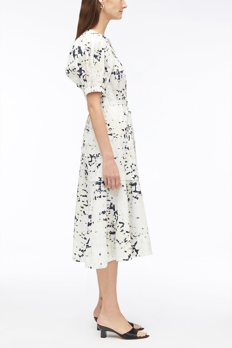 Kaleidoscope Print Poplin V-Neck Dress, Kaleidoscope-print waisted dress from 3.1 PHILLIP LIM featuring white, multicolour, cotton, poplin texture, abstract pattern print, V-neck, short puff sleeves, front tie fastening and flared skirt.- 1