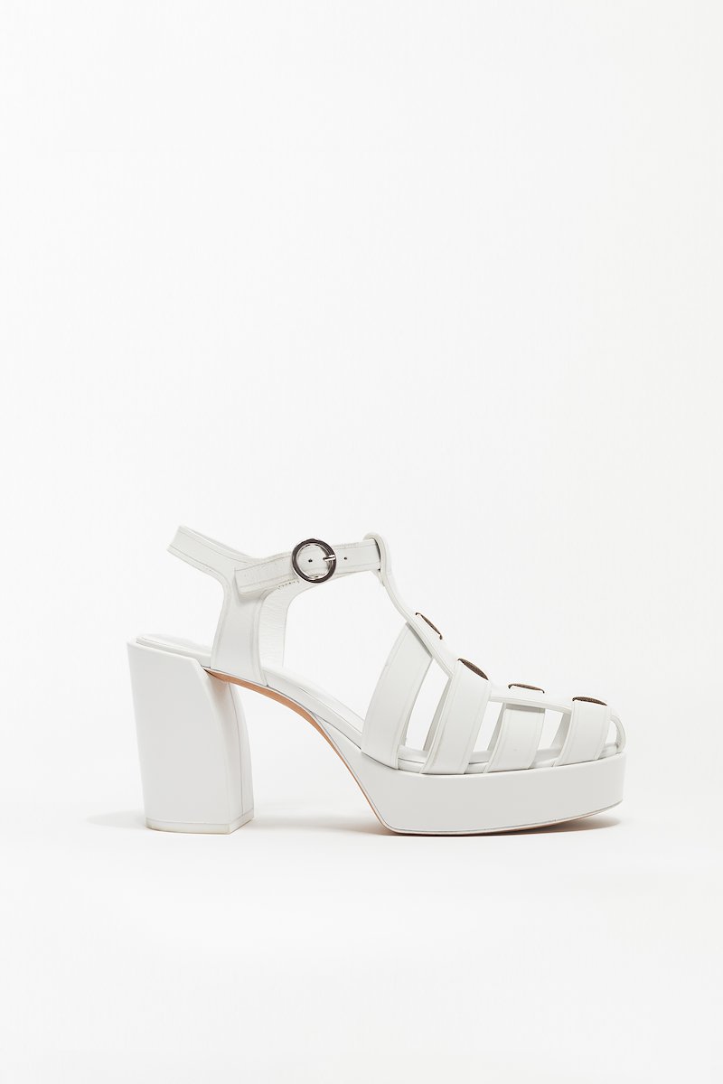 Naomi Platform Fisherman Sandal-white #0 Naomi Platform Fisherman Sandal, Naomi platform 90mm sandals from 3.1 PHILLIP LIM featuring white, calf leather, caged design, interwoven strap detailing, buckle-fastening ankle strap, slingback strap, branded leather insole, platform sole and high block heel.- 0