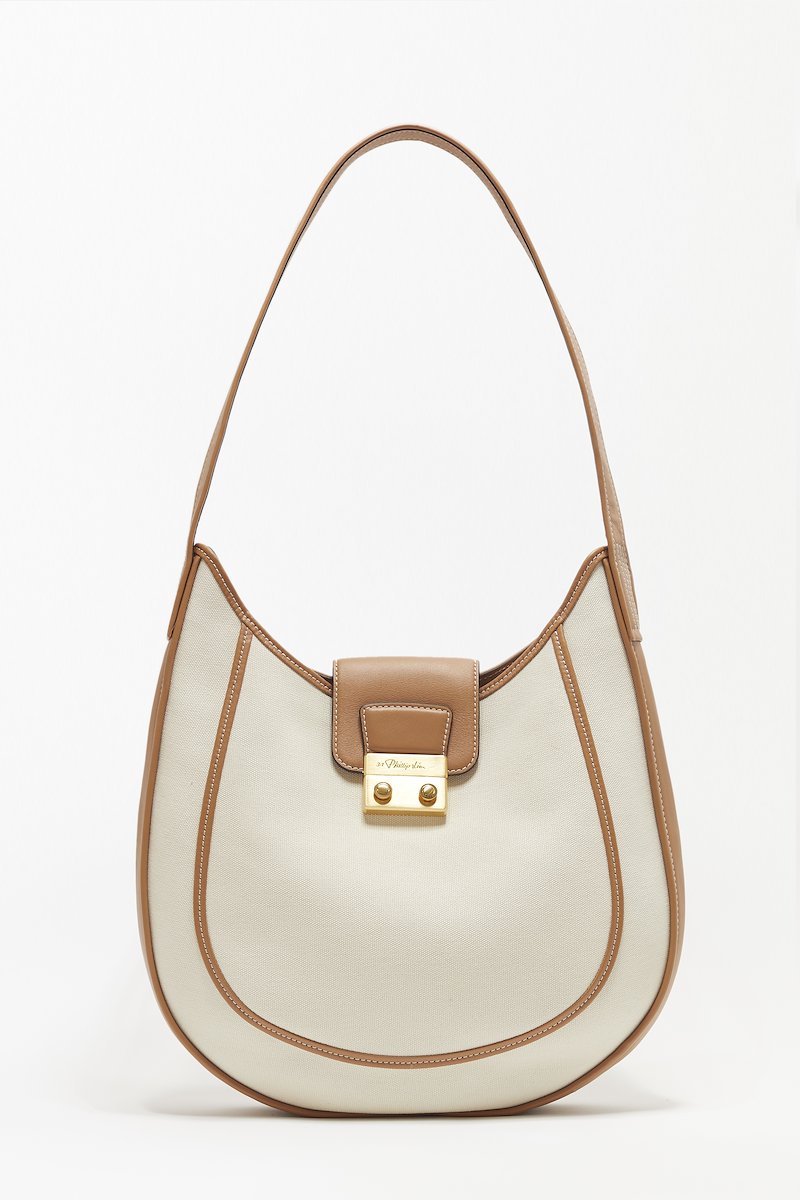 Pashli Large Modern Hobo-neutrals #0 Pashli Large Modern Hobo, Pashli Large Modern Hobo bag from 3.1 PHILLIP LIM featuring ecru, brown, cotton, calf leather, canvas, leather trim, contrast stitching, engraved logo, gold-tone hardware, push-lock fastening, curve-edge body, main compartment and internal zip-fastening pocket.- 0