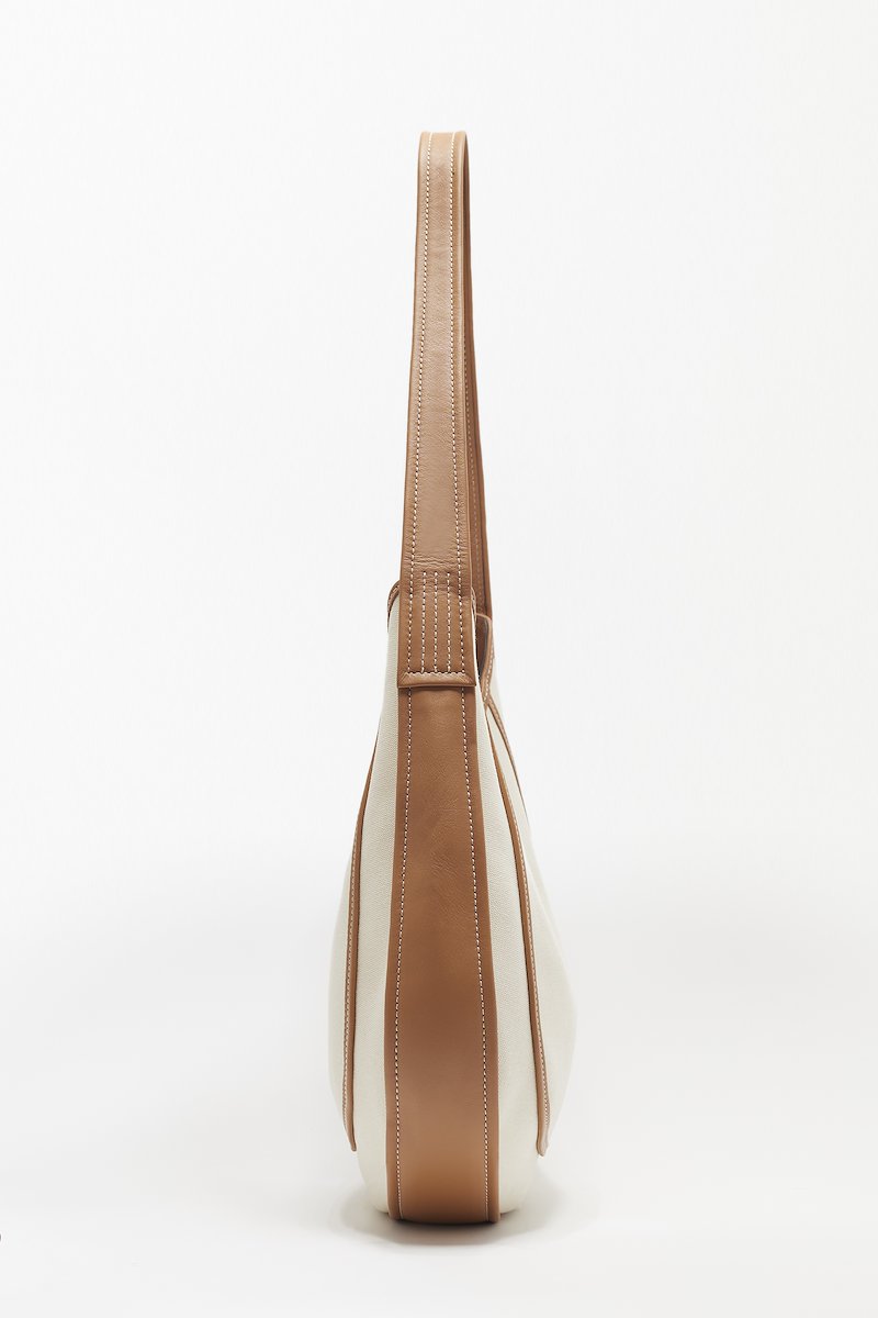 Pashli Large Modern Hobo-neutrals #0 Pashli Large Modern Hobo, Pashli Large Modern Hobo bag from 3.1 PHILLIP LIM featuring ecru, brown, cotton, calf leather, canvas, leather trim, contrast stitching, engraved logo, gold-tone hardware, push-lock fastening, curve-edge body, main compartment and internal zip-fastening pocket.- 2