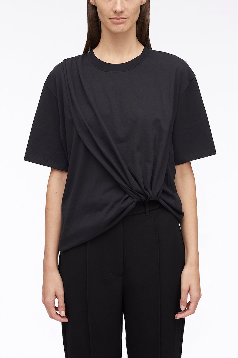 Short Sleeve Draped Cotton Jersey T-Shirt-black #1 Short Sleeve Draped Cotton Jersey T-Shirt, drape-detail cotton T-shirt from 3.1 PHILLIP LIM featuring black, cotton, drop shoulder, round neck, short sleeves and straight hem.- 1