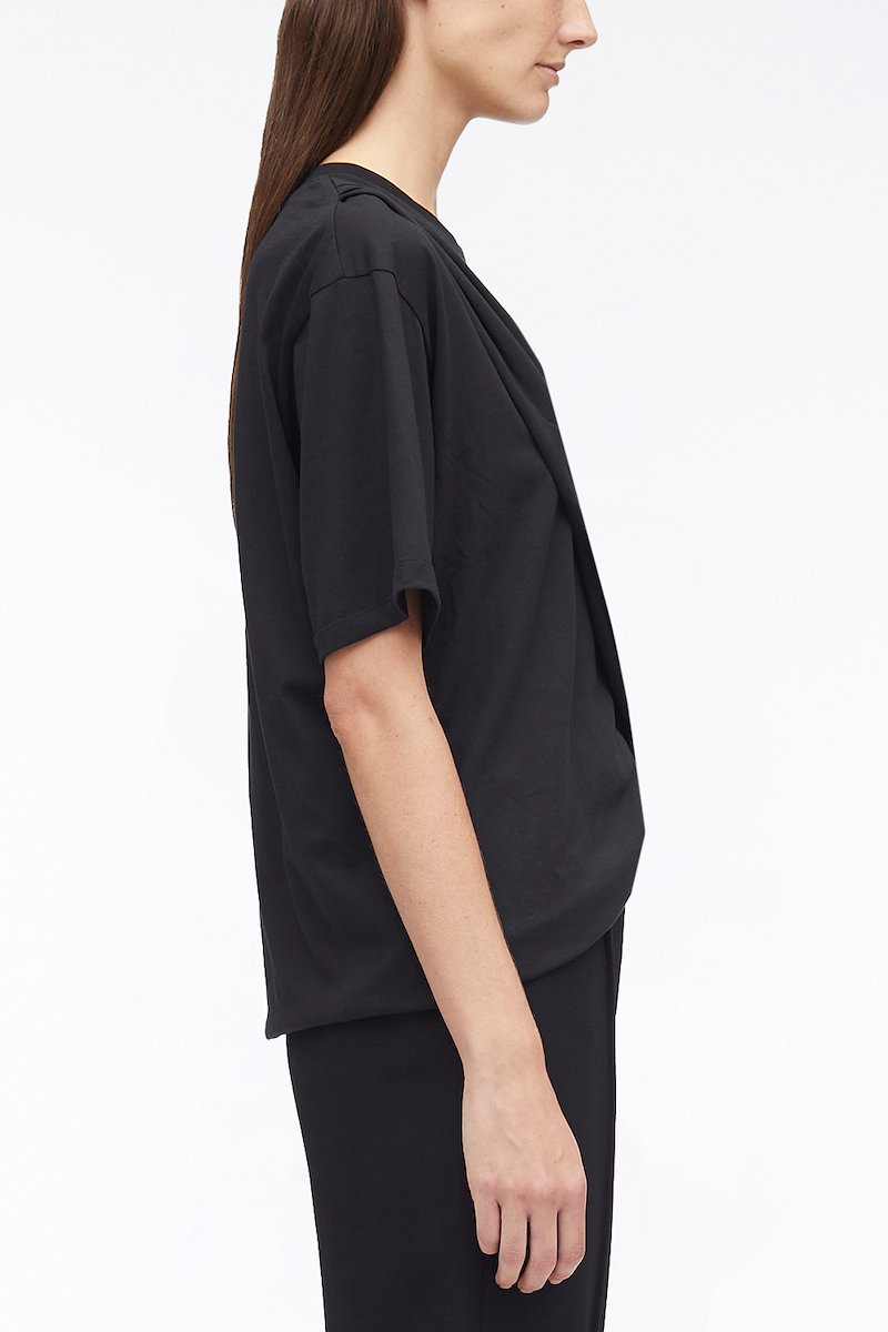 Short Sleeve Draped Cotton Jersey T-Shirt-black #0 Short Sleeve Draped Cotton Jersey T-Shirt, drape-detail cotton T-shirt from 3.1 PHILLIP LIM featuring black, cotton, drop shoulder, round neck, short sleeves and straight hem.- 2