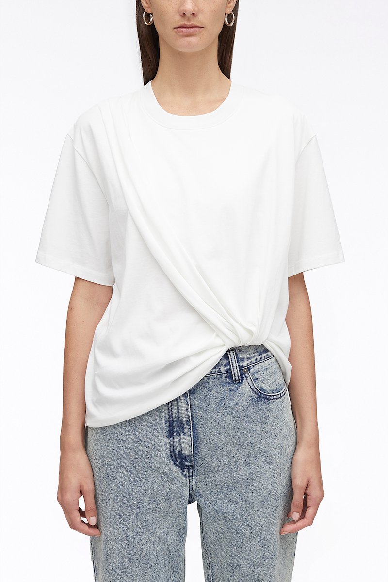 Short Sleeve Draped Cotton Jersey T-Shirt-white #1 Short Sleeve Draped Cotton Jersey T-Shirt, drape-detail cotton T-shirt from 3.1 PHILLIP LIM featuring white, cotton, drop shoulder, round neck, short sleeves and straight hem.- 1