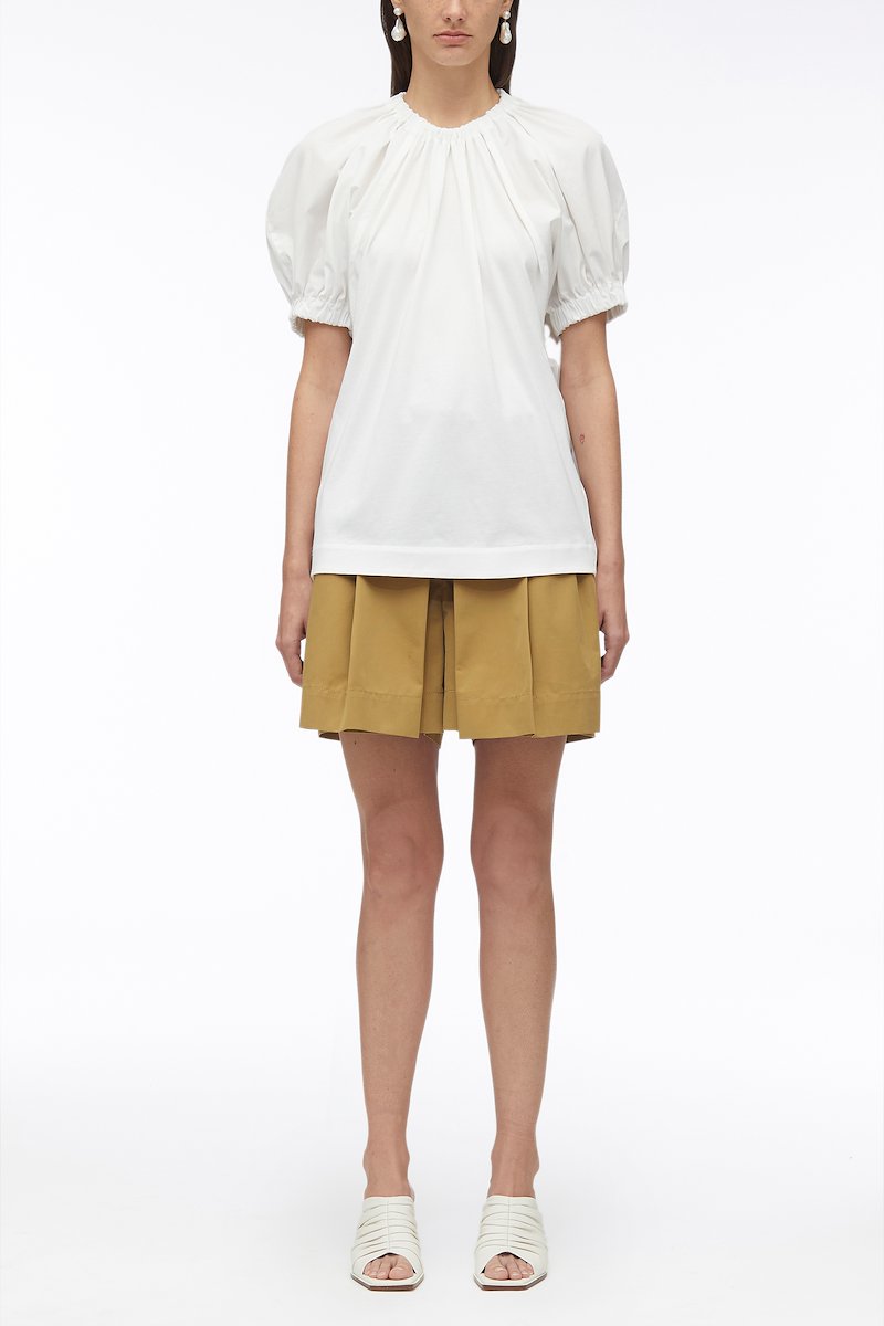 Shirred Puff Sleeve Poplin Combo T-Shirt-white #0 Shirred Puff Sleeve Poplin Combo T-Shirt, shirred puff-sleeves top from 3.1 PHILLIP LIM featuring white, cotton, poplin texture, shirred effect, crew neck, short puff sleeves and straight hem.- 0