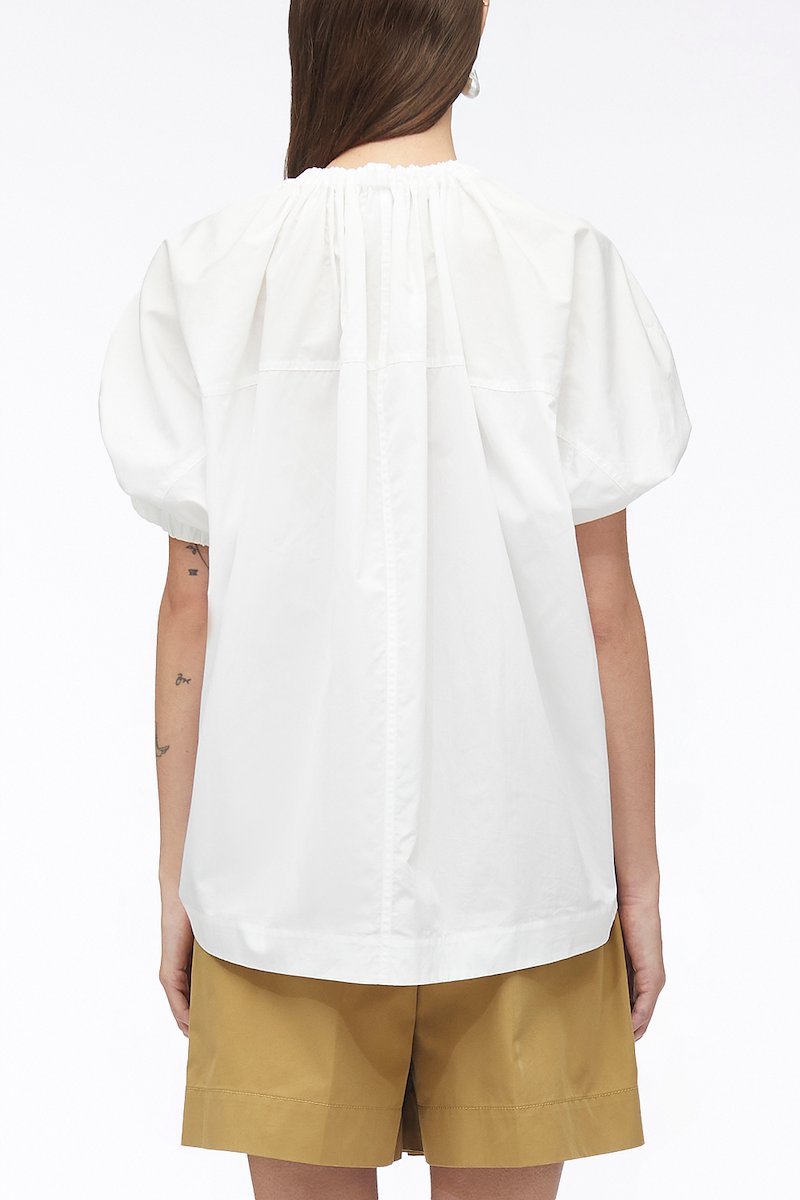 Shirred Puff Sleeve Poplin Combo T-Shirt-white #1 Shirred Puff Sleeve Poplin Combo T-Shirt, shirred puff-sleeves top from 3.1 PHILLIP LIM featuring white, cotton, poplin texture, shirred effect, crew neck, short puff sleeves and straight hem.- 3