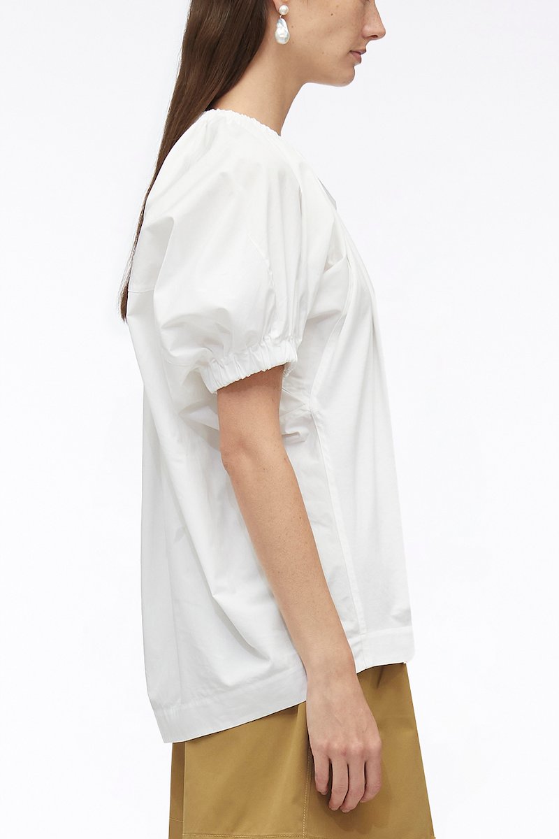 Shirred Puff Sleeve Poplin Combo T-Shirt-white #0 Shirred Puff Sleeve Poplin Combo T-Shirt, shirred puff-sleeves top from 3.1 PHILLIP LIM featuring white, cotton, poplin texture, shirred effect, crew neck, short puff sleeves and straight hem.- 2