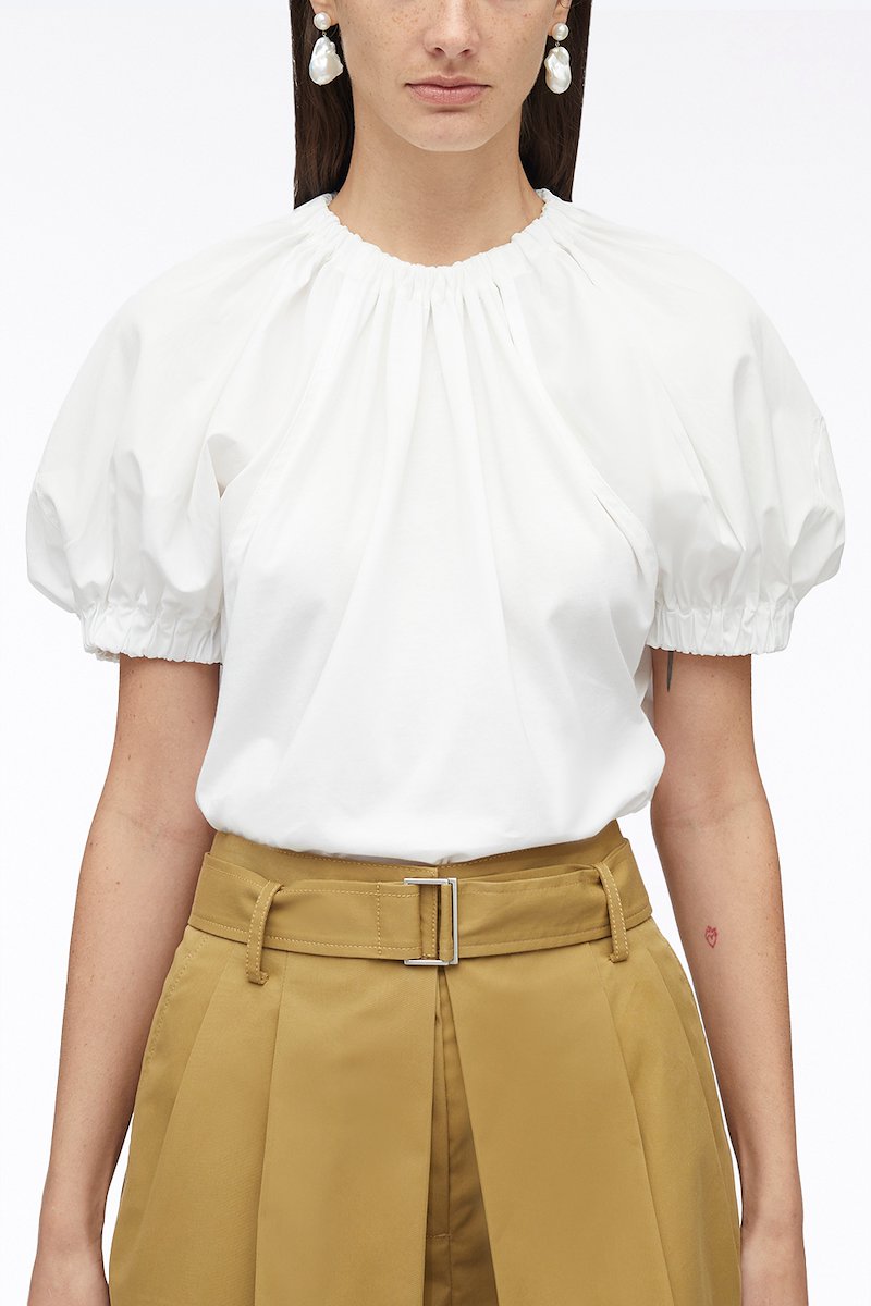 Shirred Puff Sleeve Poplin Combo T-Shirt-white #0 Shirred Puff Sleeve Poplin Combo T-Shirt, shirred puff-sleeves top from 3.1 PHILLIP LIM featuring white, cotton, poplin texture, shirred effect, crew neck, short puff sleeves and straight hem.- 4