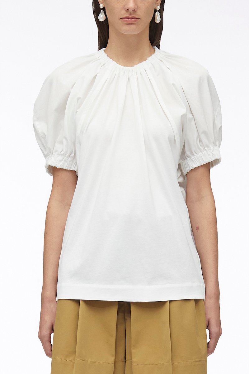 Shirred Puff Sleeve Poplin Combo T-Shirt-white #1 Shirred Puff Sleeve Poplin Combo T-Shirt, shirred puff-sleeves top from 3.1 PHILLIP LIM featuring white, cotton, poplin texture, shirred effect, crew neck, short puff sleeves and straight hem.- 1