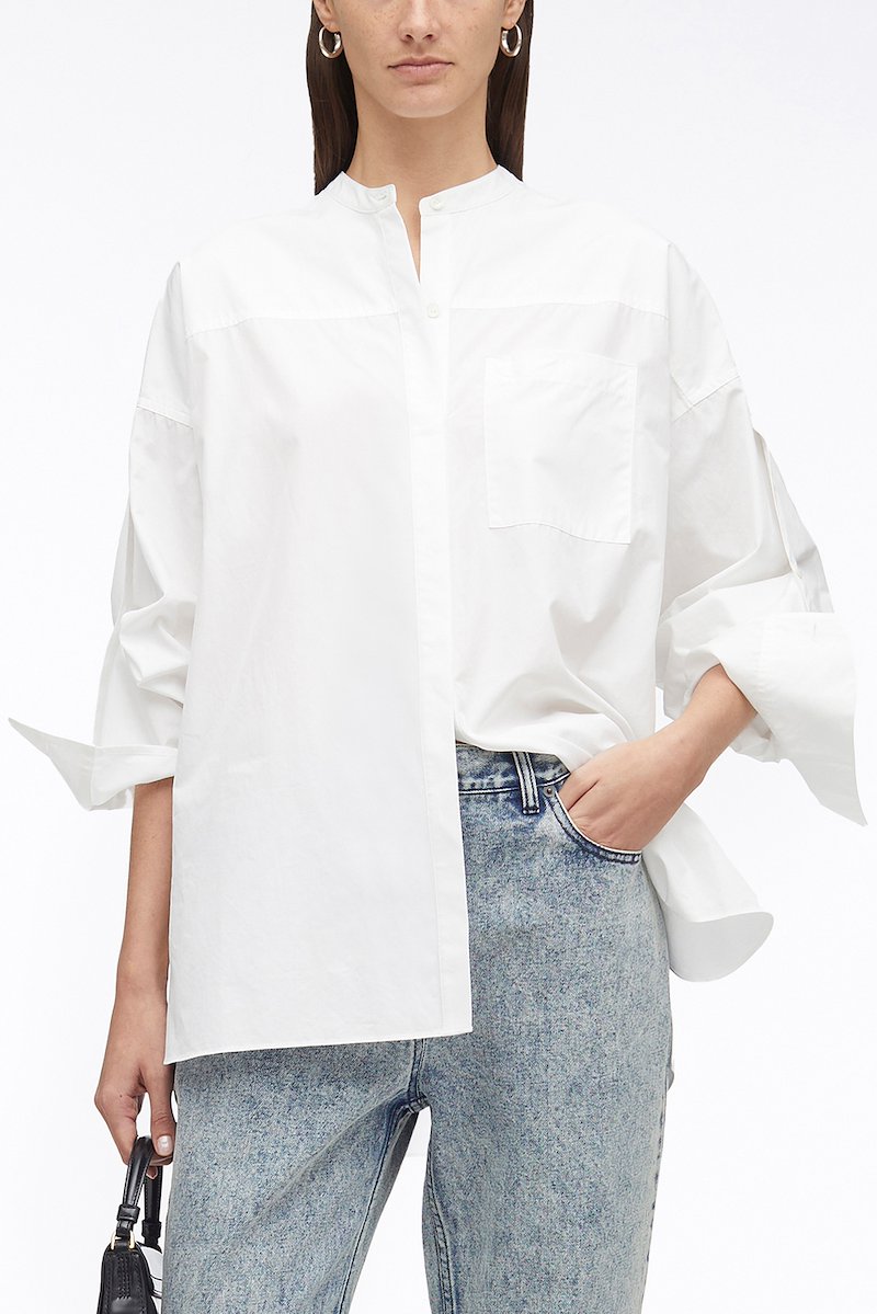 Long Sleeve Classic Poplin Shirt-white #1 Long Sleeve Classic Poplin Shirt, cotton long-sleeved shirt from 3.1 PHILLIP LIM featuring white, cotton, band collar, concealed front button fastening, long sleeves, tie sleeves and side slits.- 1