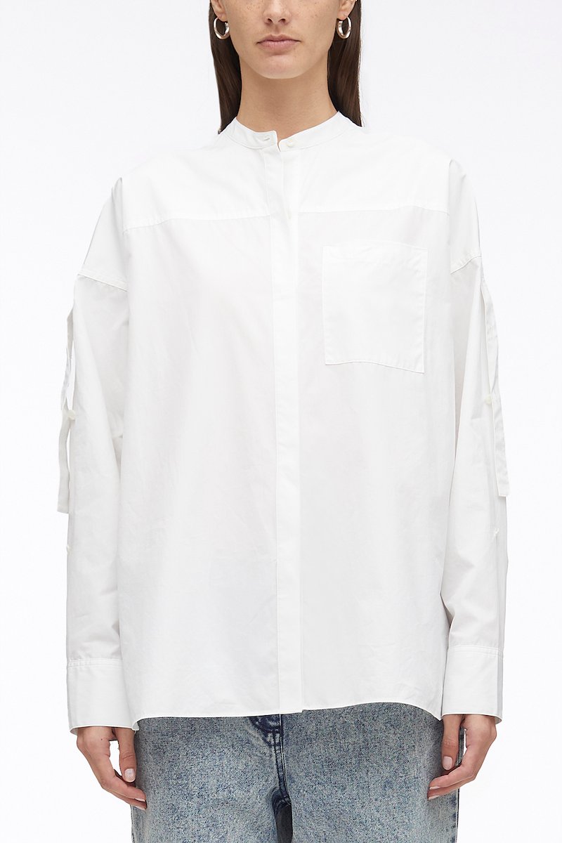 Long Sleeve Classic Poplin Shirt-white #1 Long Sleeve Classic Poplin Shirt, cotton long-sleeved shirt from 3.1 PHILLIP LIM featuring white, cotton, band collar, concealed front button fastening, long sleeves, tie sleeves and side slits.- 5