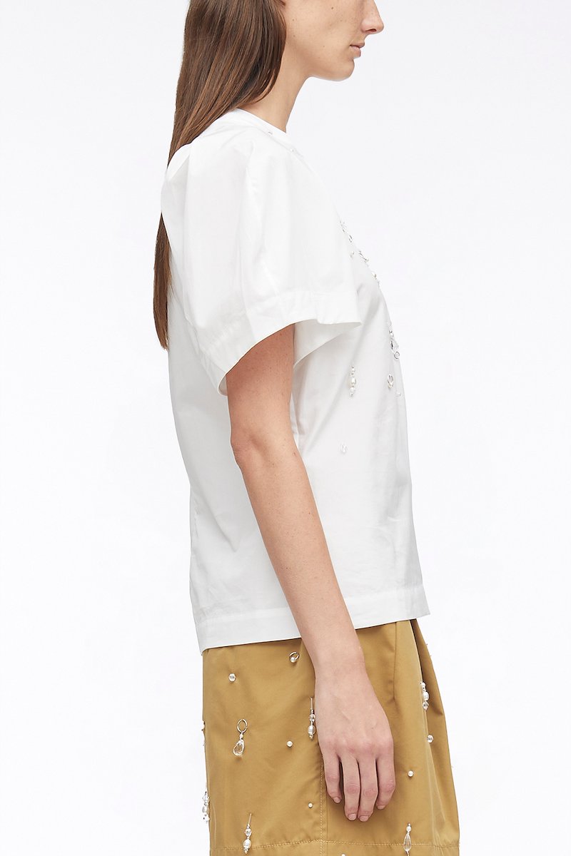 Embellished Classic Poplin Puff Sleeve Top-white #0 Embellished Classic Poplin Puff Sleeve Top, crystal detailing puff-sleeves top from 3.1 PHILLIP LIM featuring white, cotton, poplin texture, crystal embellishment, crew neck, short puff sleeves and straight hem.- 2