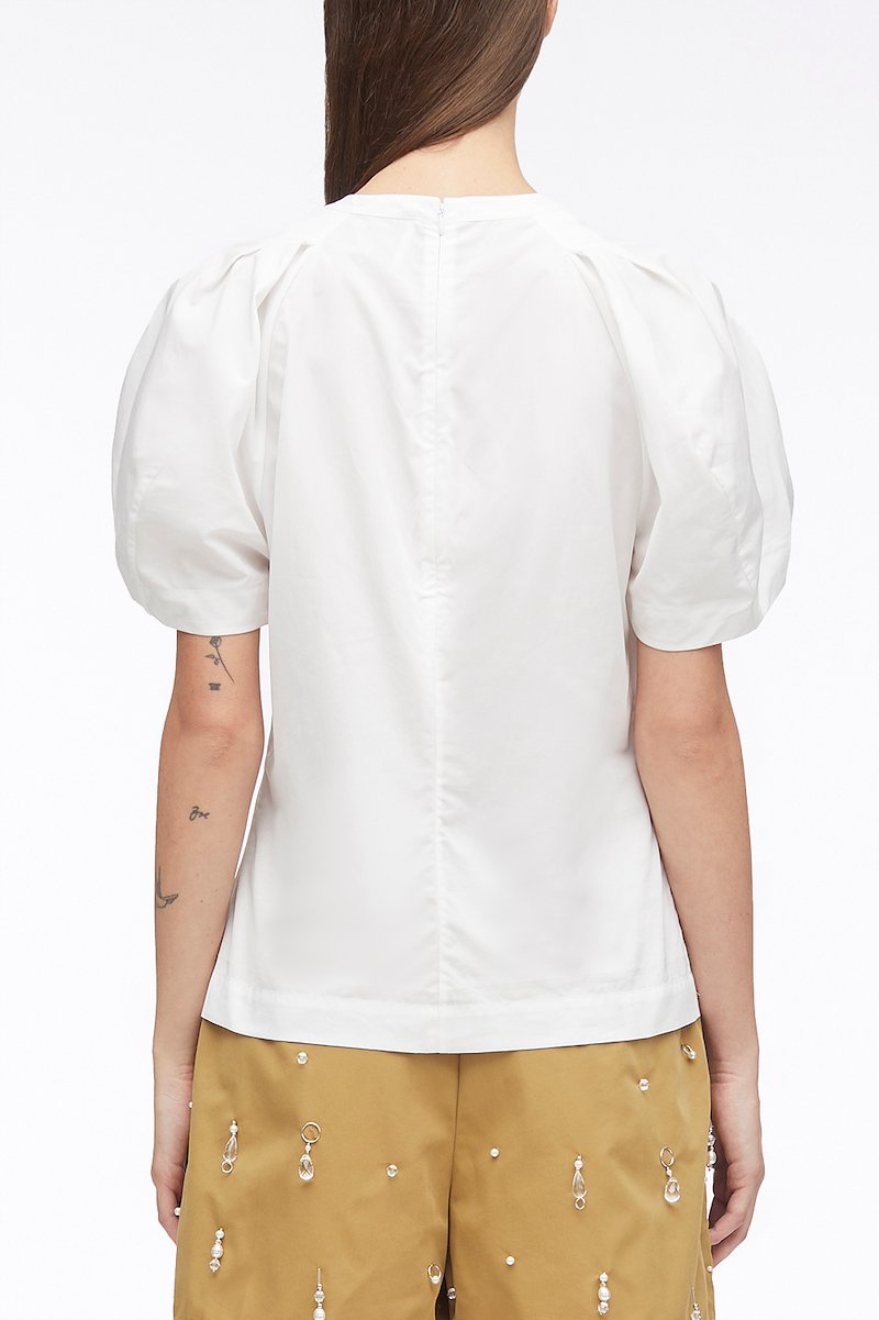 Embellished Classic Poplin Puff Sleeve Top-white #1 Embellished Classic Poplin Puff Sleeve Top, crystal detailing puff-sleeves top from 3.1 PHILLIP LIM featuring white, cotton, poplin texture, crystal embellishment, crew neck, short puff sleeves and straight hem.- 3