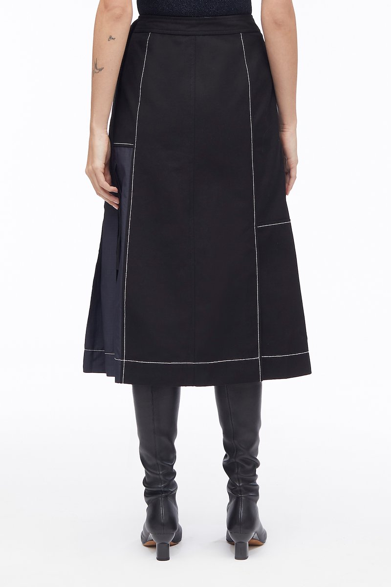 Cotton Canvas Ripstop Combo Utility Skirt-black #1 Cotton Canvas Ripstop Combo Utility Skirt, pleat-detail midi skirt from 3.1 PHILLIP LIM featuring black/blue, cotton, asymmetric design, contrast stitching, pleat detailing, side press-stud fastening, high waist and A-line.- 3