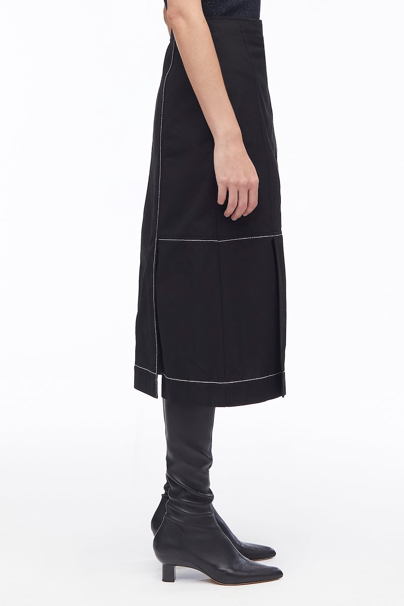 Cotton Canvas Ripstop Combo Utility Skirt-black #0 Cotton Canvas Ripstop Combo Utility Skirt, pleat-detail midi skirt from 3.1 PHILLIP LIM featuring black/blue, cotton, asymmetric design, contrast stitching, pleat detailing, side press-stud fastening, high waist and A-line.- 2
