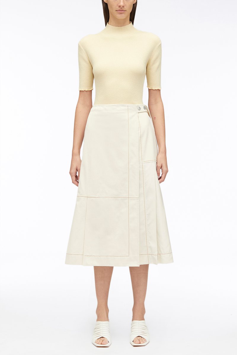 Cotton Canvas Ripstop Combo Utility Skirt-neutrals #0 Cotton Canvas Ripstop Combo Utility Skirt, pleat-detail midi skirt from 3.1 PHILLIP LIM featuring white, cotton, asymmetric design, pleat detailing, high waist, side press-stud fastening, slip pockets to the sides and below-knee length.- 0