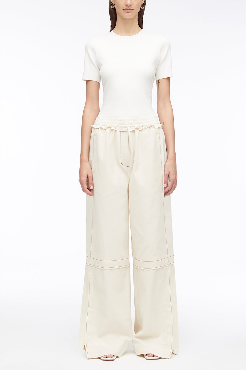 Cotton Canvas Ripstop Combo Utility Pant-neutrals #0 Cotton Canvas Ripstop Combo Utility Pant, ripstop utility trousers from 3.1 PHILLIP LIM featuring cotton, high waist, elasticated waistband, contrast stitching, two side slit pockets, two rear patch pockets, straight leg and parchment beige.- 0