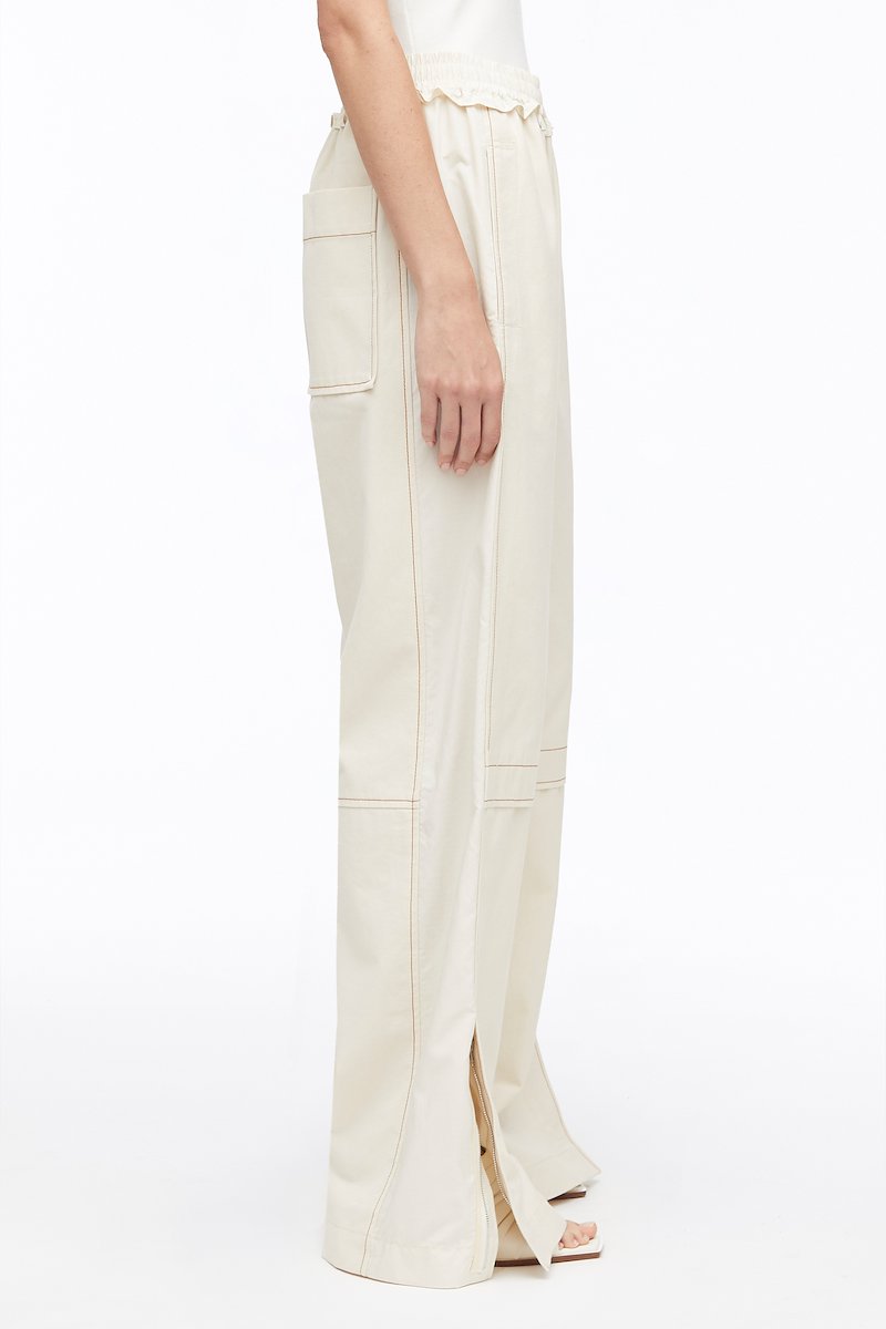 Cotton Canvas Ripstop Combo Utility Pant-neutrals #0 Cotton Canvas Ripstop Combo Utility Pant, ripstop utility trousers from 3.1 PHILLIP LIM featuring cotton, high waist, elasticated waistband, contrast stitching, two side slit pockets, two rear patch pockets, straight leg and parchment beige.- 2