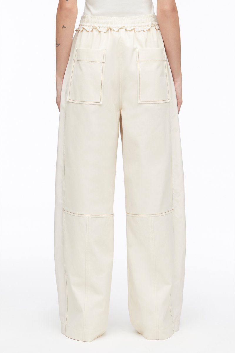Cotton Canvas Ripstop Combo Utility Pant-neutrals #1 Cotton Canvas Ripstop Combo Utility Pant, ripstop utility trousers from 3.1 PHILLIP LIM featuring cotton, high waist, elasticated waistband, contrast stitching, two side slit pockets, two rear patch pockets, straight leg and parchment beige.- 3