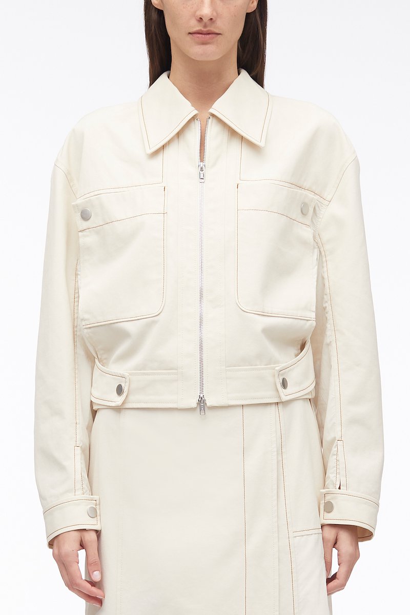 Cotton Canvas Ripstop Combo Jacket-neutrals #1 Cotton Canvas Ripstop Combo Jacket, ripstop-panel canvas jacket from 3.1 PHILLIP LIM featuring off-white, cotton, classic collar, two chest patch pockets, front zip fastening, long sleeves, straight hem and elasticated hem.- 1