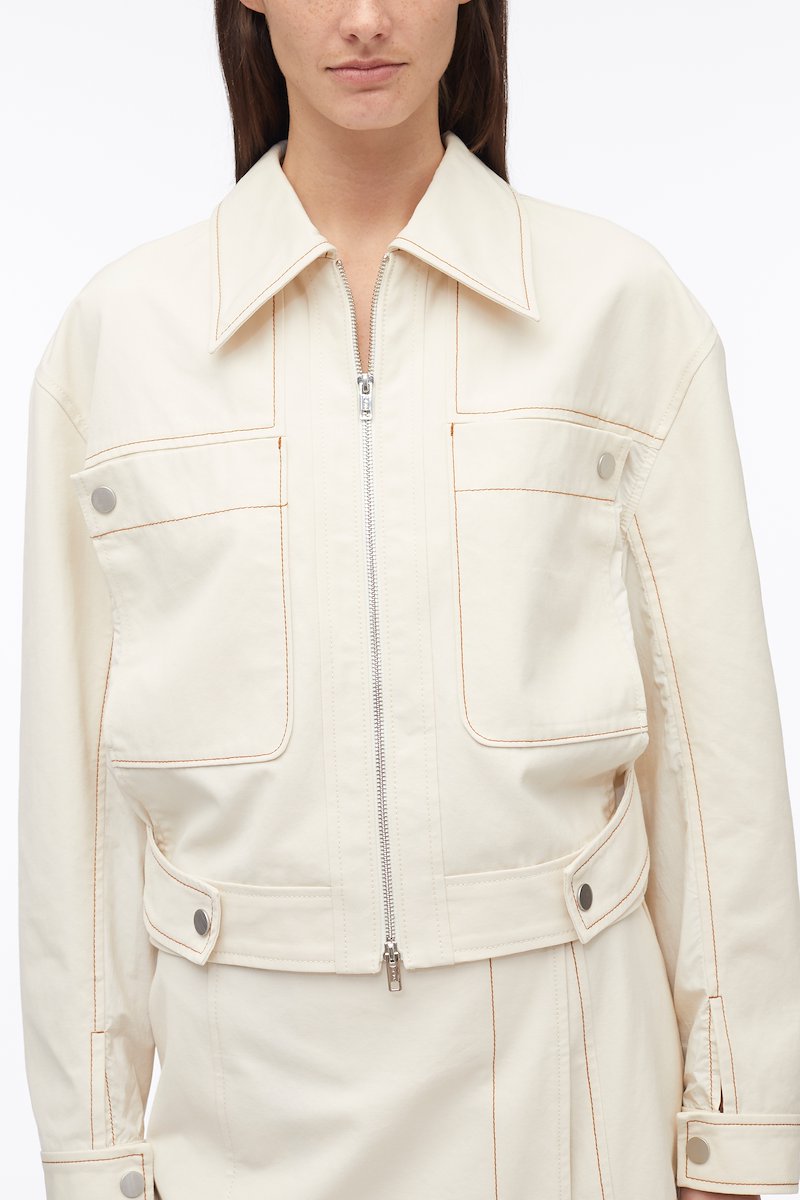 Cotton Canvas Ripstop Combo Jacket-neutrals #0 Cotton Canvas Ripstop Combo Jacket, ripstop-panel canvas jacket from 3.1 PHILLIP LIM featuring off-white, cotton, classic collar, two chest patch pockets, front zip fastening, long sleeves, straight hem and elasticated hem.- 4