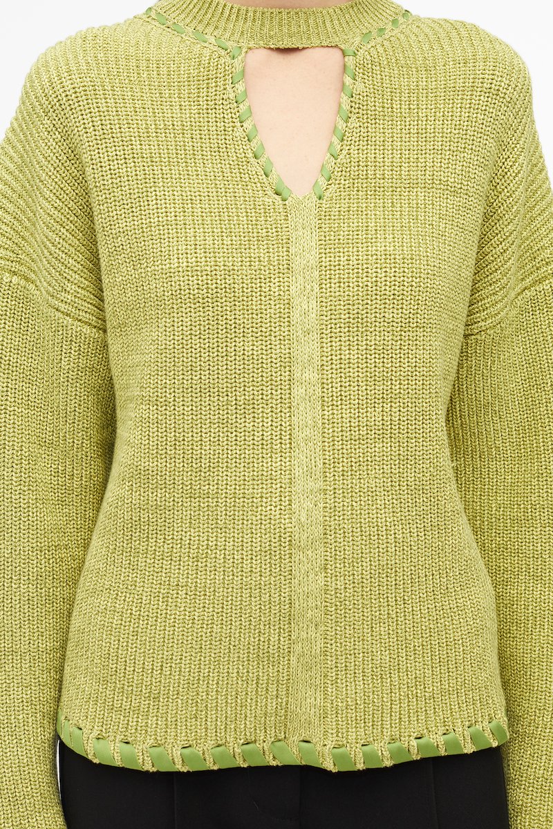 Chunky Cotton Rib V-Neck Pullover-green #0 Chunky Cotton Rib V-Neck Pullover, ribbed V-neck jumper from 3.1 PHILLIP LIM featuring bright green, cotton, V-neck, cut-out detailing, crew neck, drop shoulder, long sleeves and split cuffs.- 4
