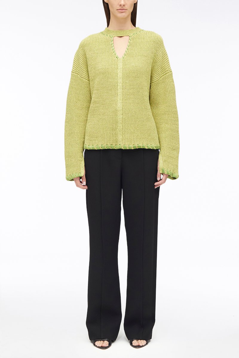 Chunky Cotton Rib V-Neck Pullover-green #0 Chunky Cotton Rib V-Neck Pullover, ribbed V-neck jumper from 3.1 PHILLIP LIM featuring bright green, cotton, V-neck, cut-out detailing, crew neck, drop shoulder, long sleeves and split cuffs.- 0