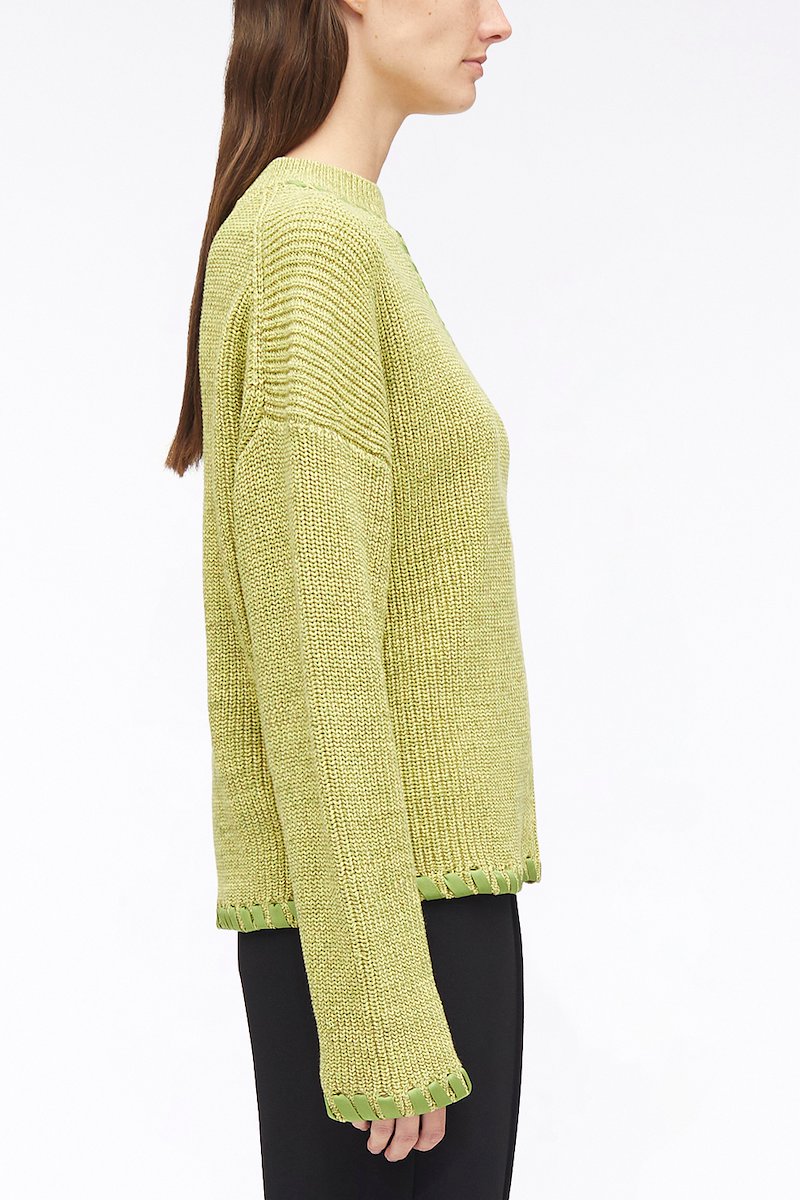 Chunky Cotton Rib V-Neck Pullover-green #0 Chunky Cotton Rib V-Neck Pullover, ribbed V-neck jumper from 3.1 PHILLIP LIM featuring bright green, cotton, V-neck, cut-out detailing, crew neck, drop shoulder, long sleeves and split cuffs.- 2