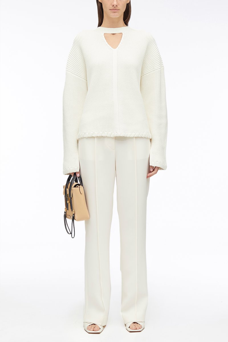 Chunky Cotton Rib V-Neck Pullover-white #0 Chunky Cotton Rib V-Neck Pullover, ribbed V-neck jumper from 3.1 PHILLIP LIM featuring ivory white, cotton, V-neck, cut-out detailing, crew neck, drop shoulder, long sleeves and split cuffs.- 0