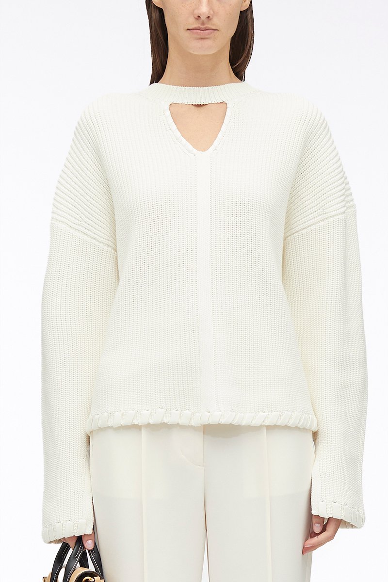 Chunky Cotton Rib V-Neck Pullover-white #1 Chunky Cotton Rib V-Neck Pullover, ribbed V-neck jumper from 3.1 PHILLIP LIM featuring ivory white, cotton, V-neck, cut-out detailing, crew neck, drop shoulder, long sleeves and split cuffs.- 1