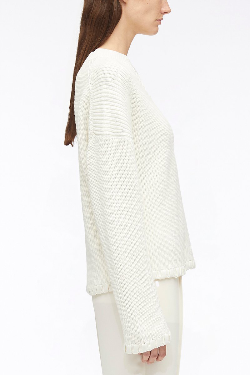 Chunky Cotton Rib V-Neck Pullover-white #0 Chunky Cotton Rib V-Neck Pullover, ribbed V-neck jumper from 3.1 PHILLIP LIM featuring ivory white, cotton, V-neck, cut-out detailing, crew neck, drop shoulder, long sleeves and split cuffs.- 2