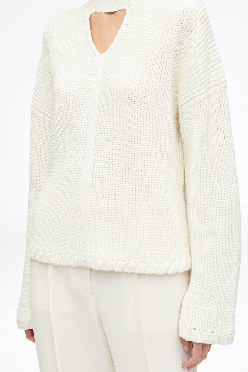 Chunky Cotton Rib V-Neck Pullover-white #0 Chunky Cotton Rib V-Neck Pullover, ribbed V-neck jumper from 3.1 PHILLIP LIM featuring ivory white, cotton, V-neck, cut-out detailing, crew neck, drop shoulder, long sleeves and split cuffs.- 4