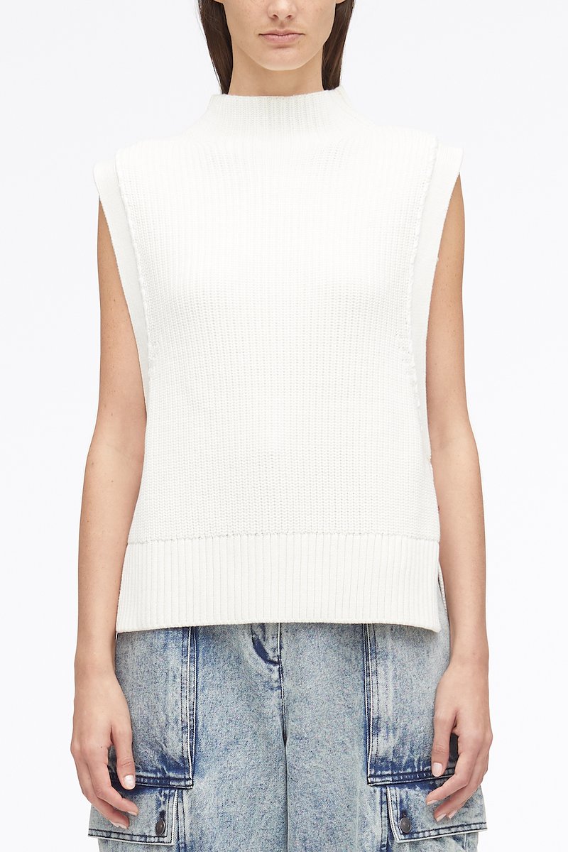 Chunky Cotton Rib Shell With Ties, chunky ribbed-knit sleeveless jumper from 3.1 PHILLIP LIM featuring ivory white, cotton, ribbed knit, high neck, sleeveless, side tie fastening and straight hem.- 1