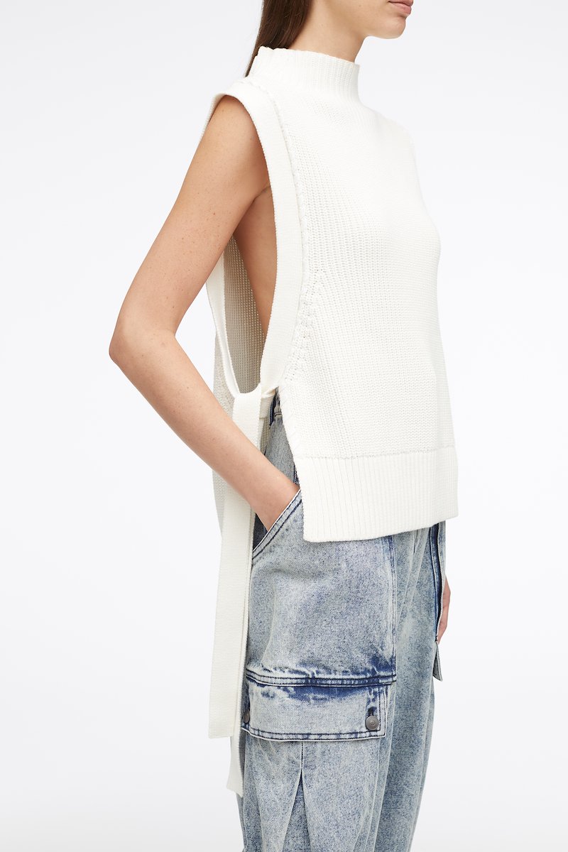 Chunky Cotton Rib Shell With Ties-neutrals #0 Chunky Cotton Rib Shell With Ties, chunky ribbed-knit sleeveless jumper from 3.1 PHILLIP LIM featuring ivory white, cotton, ribbed knit, high neck, sleeveless, side tie fastening and straight hem.- 4