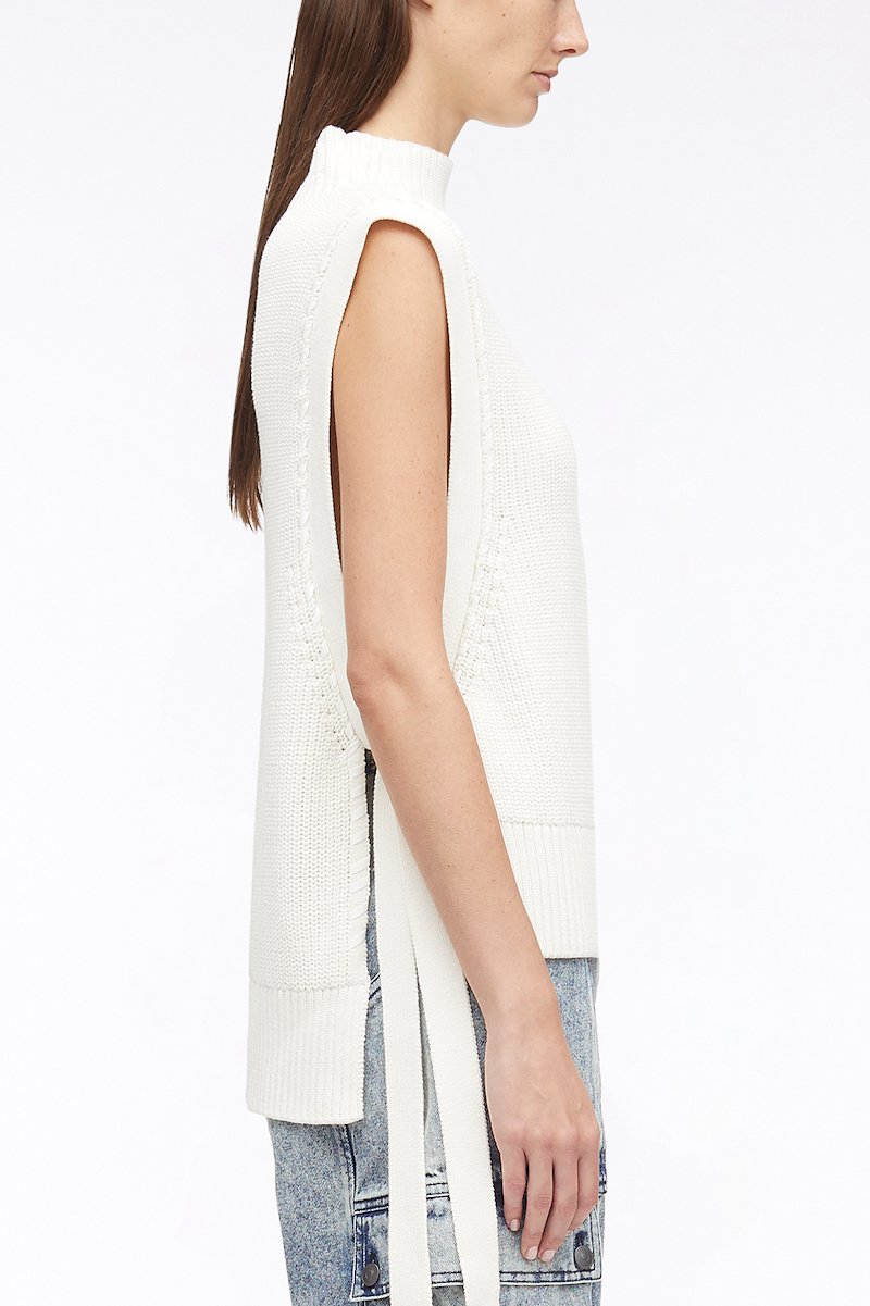 Chunky Cotton Rib Shell With Ties-neutrals #0 Chunky Cotton Rib Shell With Ties, chunky ribbed-knit sleeveless jumper from 3.1 PHILLIP LIM featuring ivory white, cotton, ribbed knit, high neck, sleeveless, side tie fastening and straight hem.- 2