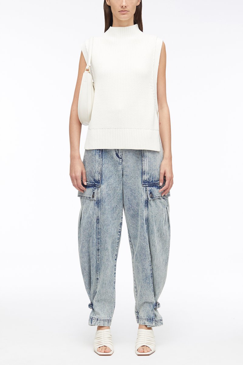 Chunky Cotton Rib Shell With Ties-neutrals #0 Chunky Cotton Rib Shell With Ties, chunky ribbed-knit sleeveless jumper from 3.1 PHILLIP LIM featuring ivory white, cotton, ribbed knit, high neck, sleeveless, side tie fastening and straight hem.- 0