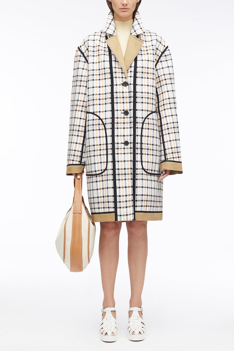 Double Face Reversible Mac-neutrals #0 Double Face Reversible Mac, reversible single-breasted coat from 3.1 PHILLIP LIM featuring beige, cotton blend, reversible, check pattern, narrow notch lapels, front button fastening, slip pockets to the sides, long sleeves and straight hem.- 0