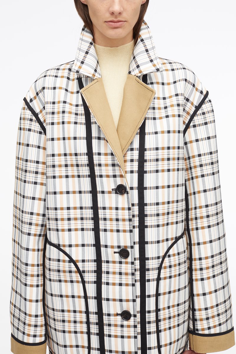 Double Face Reversible Mac-neutrals #1 Double Face Reversible Mac, reversible single-breasted coat from 3.1 PHILLIP LIM featuring beige, cotton blend, reversible, check pattern, narrow notch lapels, front button fastening, slip pockets to the sides, long sleeves and straight hem.- 3