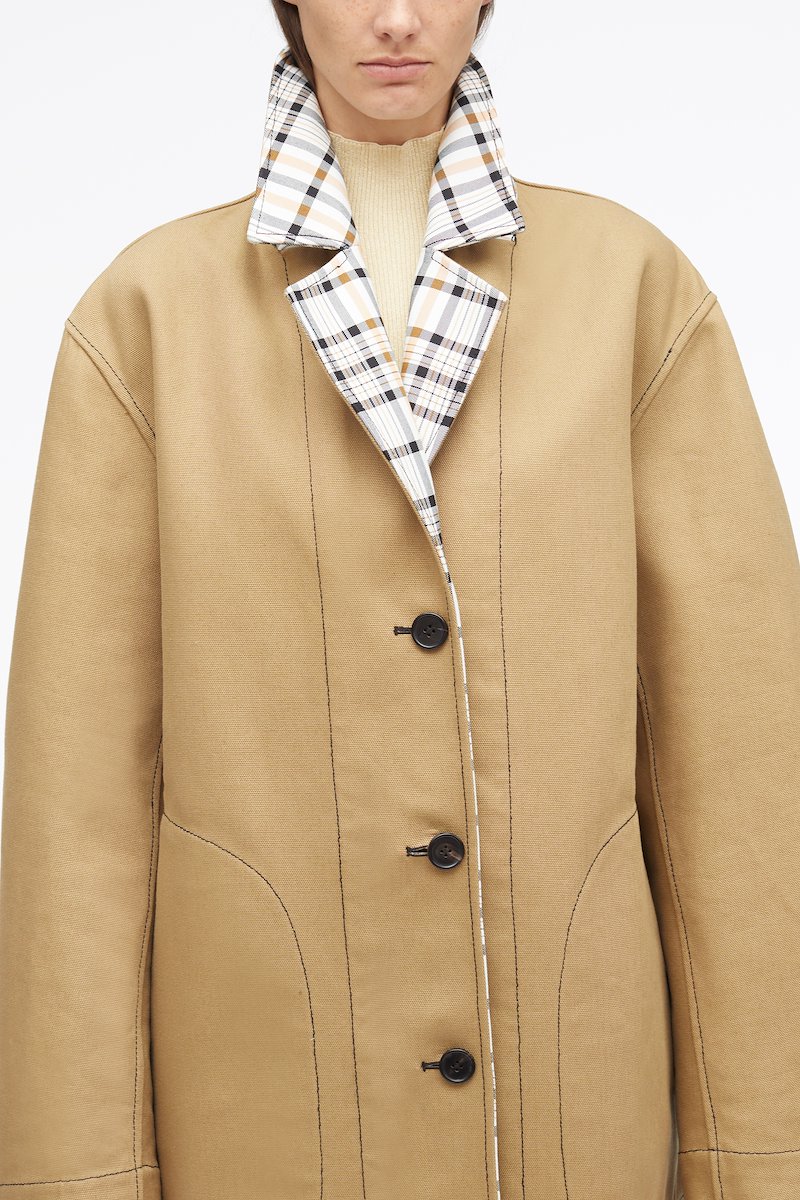 Double Face Reversible Mac-neutrals #0 Double Face Reversible Mac, reversible single-breasted coat from 3.1 PHILLIP LIM featuring beige, cotton blend, reversible, check pattern, narrow notch lapels, front button fastening, slip pockets to the sides, long sleeves and straight hem.- 4