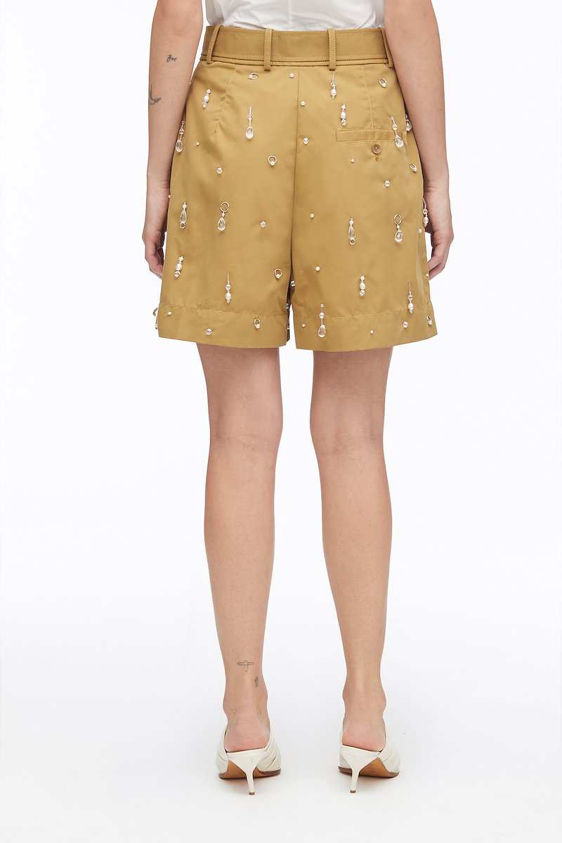 Drip Embellished Chino Pleated Short-brown #1 Drip Embellished Chino Pleated Short, drip-embellished chino pleated shorts from 3.1 PHILLIP LIM featuring khaki, cotton blend, crystal embellishment, silver-tone hardware, pleat detailing, high waist, button fly fastening, belted waist, two side slit pockets, rear welt pocket and straight hem.- 3