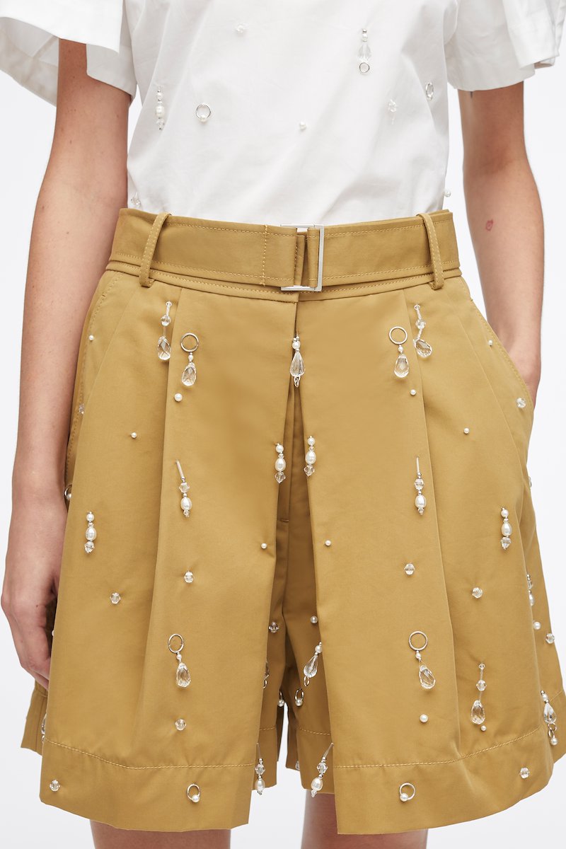 Drip Embellished Chino Pleated Short-brown #0 Drip Embellished Chino Pleated Short, drip-embellished chino pleated shorts from 3.1 PHILLIP LIM featuring khaki, cotton blend, crystal embellishment, silver-tone hardware, pleat detailing, high waist, button fly fastening, belted waist, two side slit pockets, rear welt pocket and straight hem.- 4