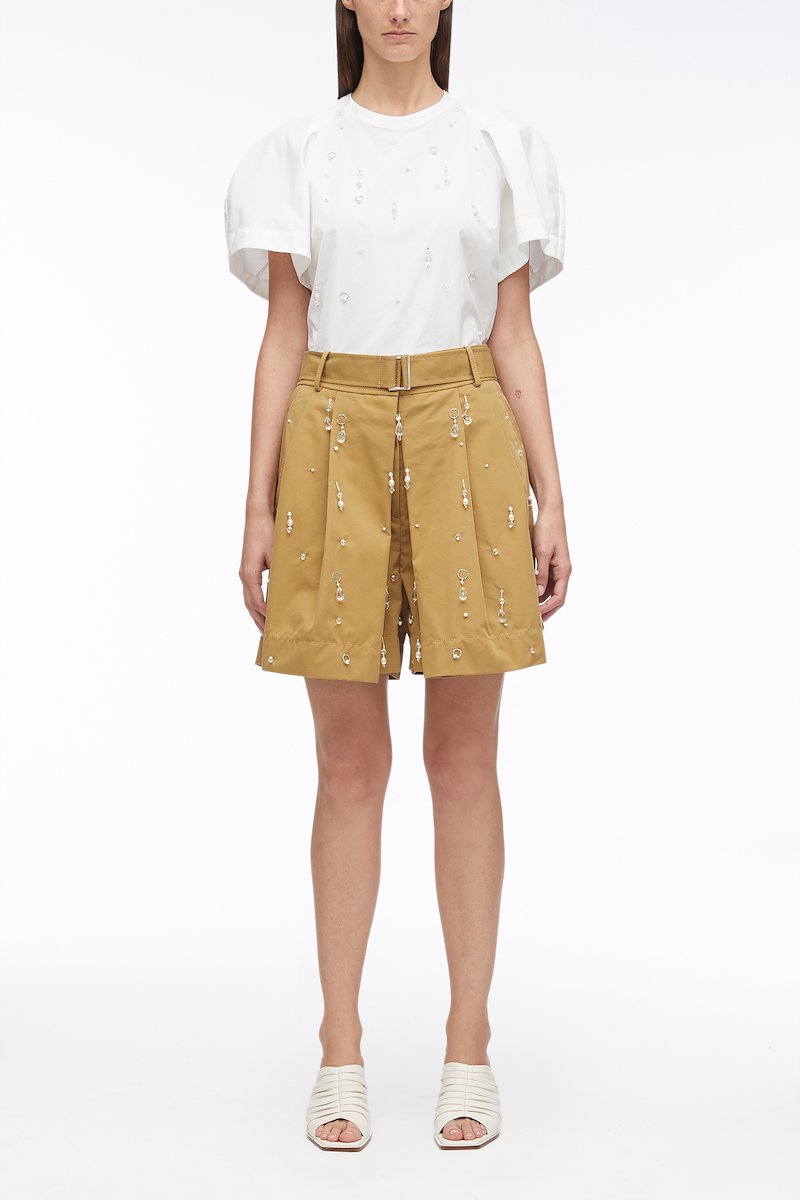 Drip Embellished Chino Pleated Short-brown #0 Drip Embellished Chino Pleated Short, drip-embellished chino pleated shorts from 3.1 PHILLIP LIM featuring khaki, cotton blend, crystal embellishment, silver-tone hardware, pleat detailing, high waist, button fly fastening, belted waist, two side slit pockets, rear welt pocket and straight hem.- 0