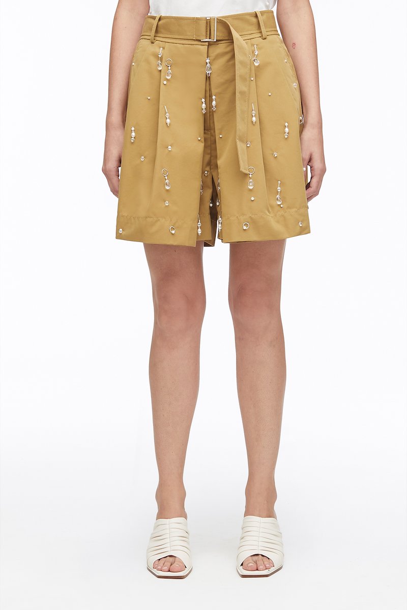 Drip Embellished Chino Pleated Short-brown #1 Drip Embellished Chino Pleated Short, drip-embellished chino pleated shorts from 3.1 PHILLIP LIM featuring khaki, cotton blend, crystal embellishment, silver-tone hardware, pleat detailing, high waist, button fly fastening, belted waist, two side slit pockets, rear welt pocket and straight hem.- 1