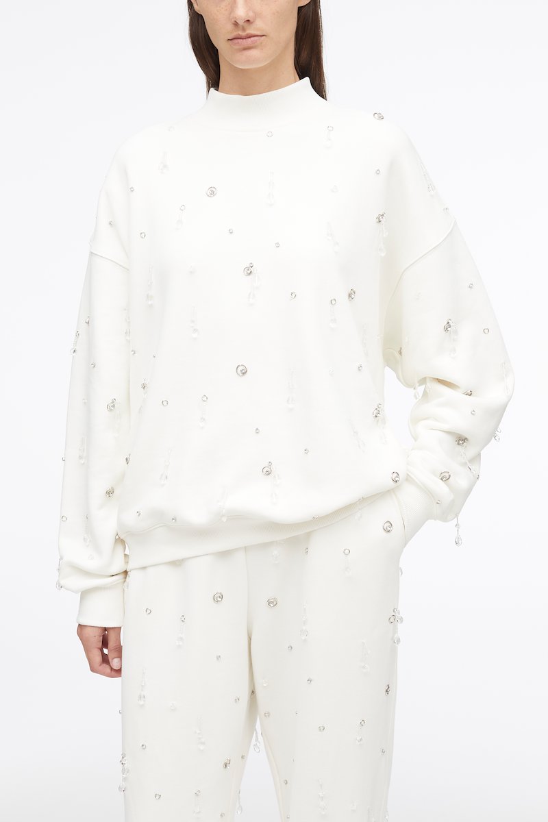 Drip Embellished Compact French Terry Sweatshirt-white #0 Drip Embellished Compact French Terry Sweatshirt, Rhistone-embellished Sweater from 3.1 PHILLIP LIM featuring white, cotton, knitted construction, crystal embellishment, crew neck, drop shoulder, ribbed-knit edge and straight hem.- 4