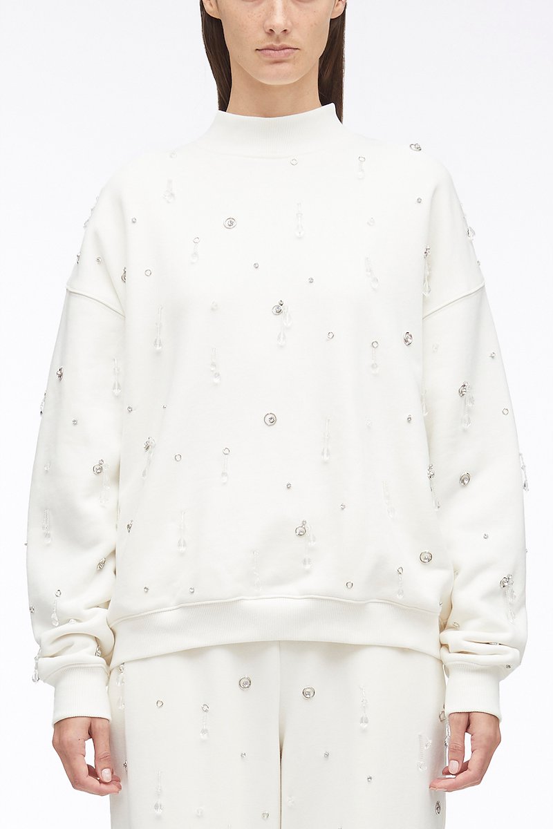 Drip Embellished Compact French Terry Sweatshirt-white #1 Drip Embellished Compact French Terry Sweatshirt, Rhistone-embellished Sweater from 3.1 PHILLIP LIM featuring white, cotton, knitted construction, crystal embellishment, crew neck, drop shoulder, ribbed-knit edge and straight hem.- 1