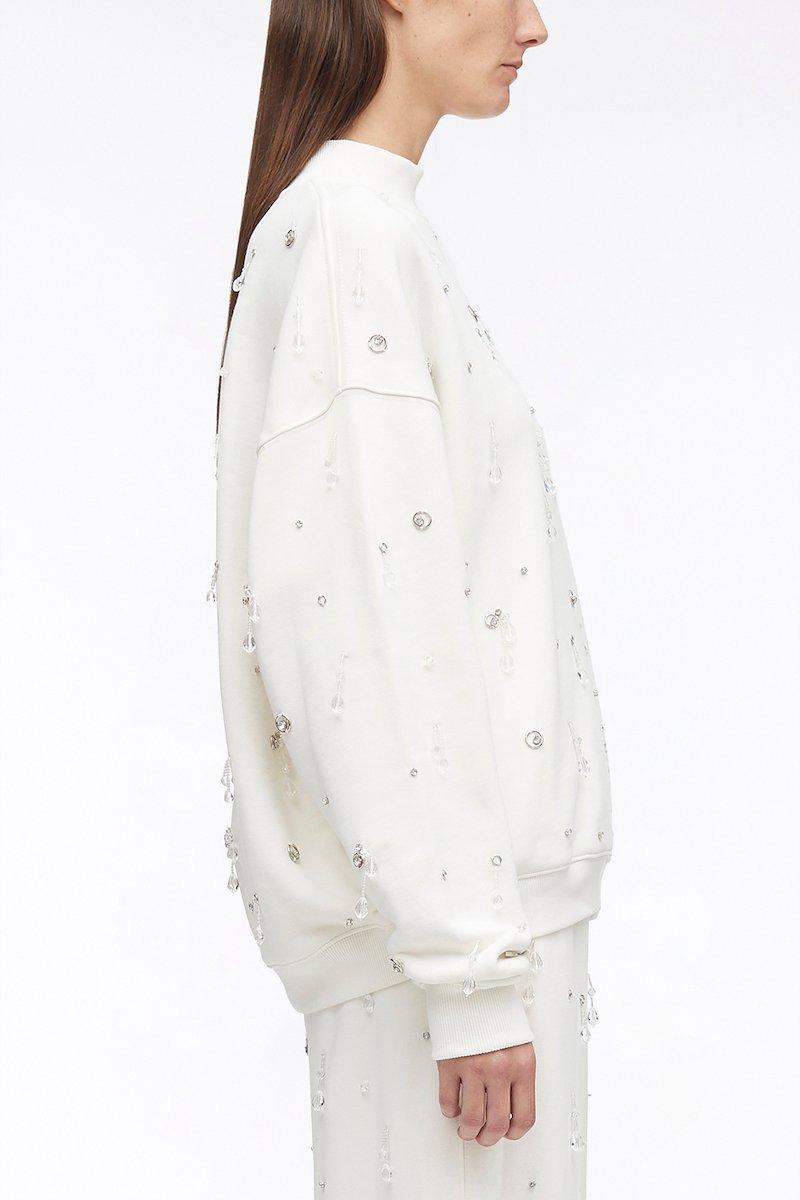 Drip Embellished Compact French Terry Sweatshirt-white #0 Drip Embellished Compact French Terry Sweatshirt, Rhistone-embellished Sweater from 3.1 PHILLIP LIM featuring white, cotton, knitted construction, crystal embellishment, crew neck, drop shoulder, ribbed-knit edge and straight hem.- 2