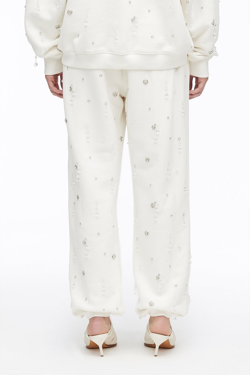 Drip Embellished Compact French Terry Sweatpant-white #1 Drip Embellished Compact French Terry Sweatpant, drop-embellished Terry track trousers from 3.1 PHILLIP LIM featuring cotton, crystal embellishment, gemstone detailing, high waist, elasticated waistband, straight leg, elasticated ankles and antique white.- 3